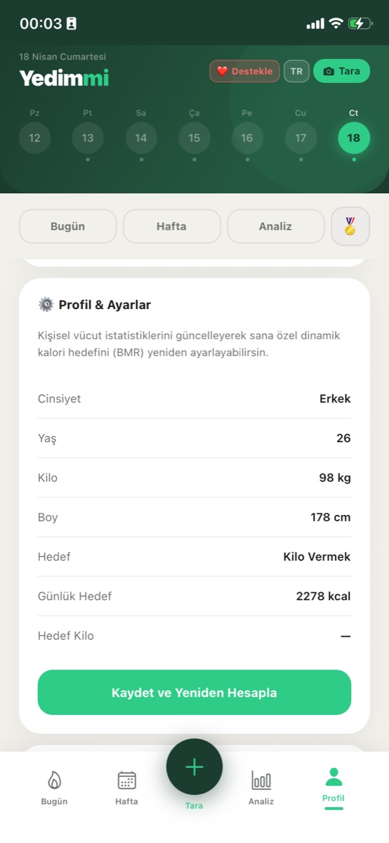 Yedimmi diyet planı oluşturma ekranı